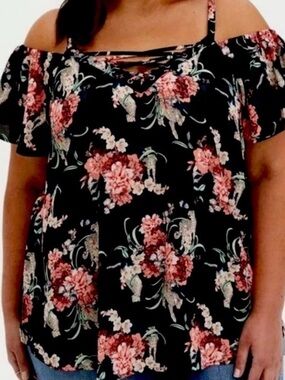 Torrid Top 3 Black Floral Leopard Print Silky Cold Shoulder Lace Up Shirt Blouse